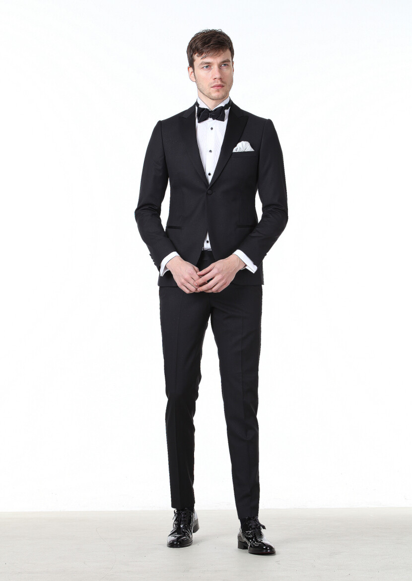 Black Patterned Fashion Slim Fit Double Breasted Collar Weaving Tuxedo - 2