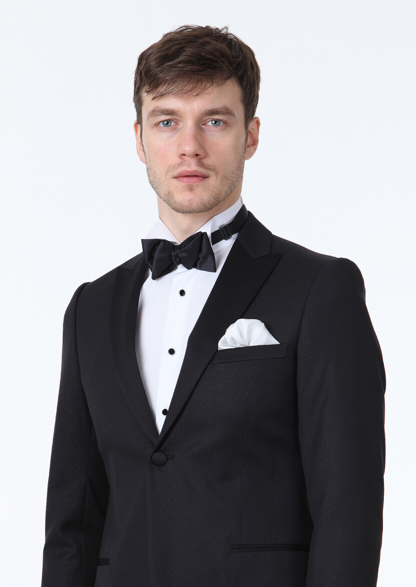 Black Patterned Fashion Slim Fit Double Breasted Collar Weaving Tuxedo - 3