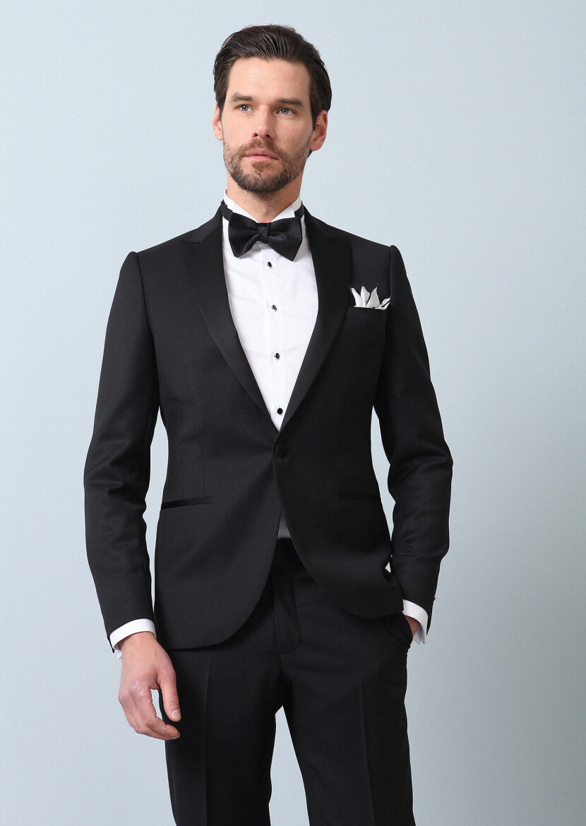 Black Patterned Fashion Slim Fit Double Breasted Collar Weaving Tuxedo - RAMSEY