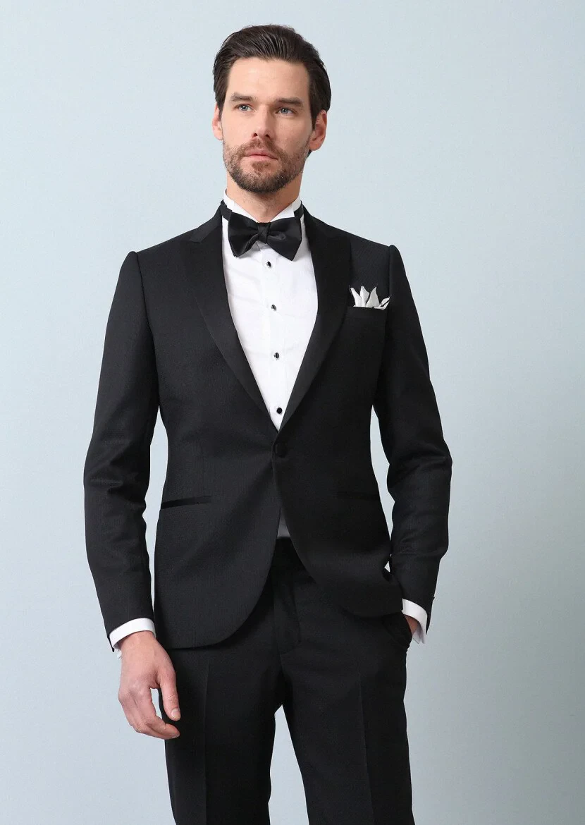 Black Patterned Fashion Slim Fit Double Breasted Collar Weaving Tuxedo - 2