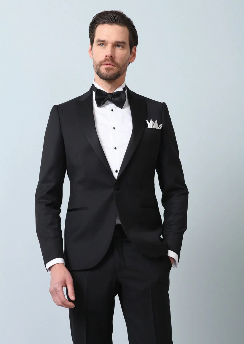 Black Patterned Fashion Slim Fit Double Breasted Collar Weaving Tuxedo - 2