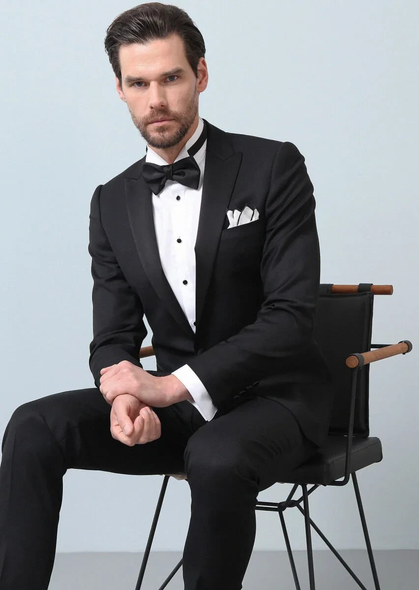 Black Patterned Fashion Slim Fit Double Breasted Collar Weaving Tuxedo - 3