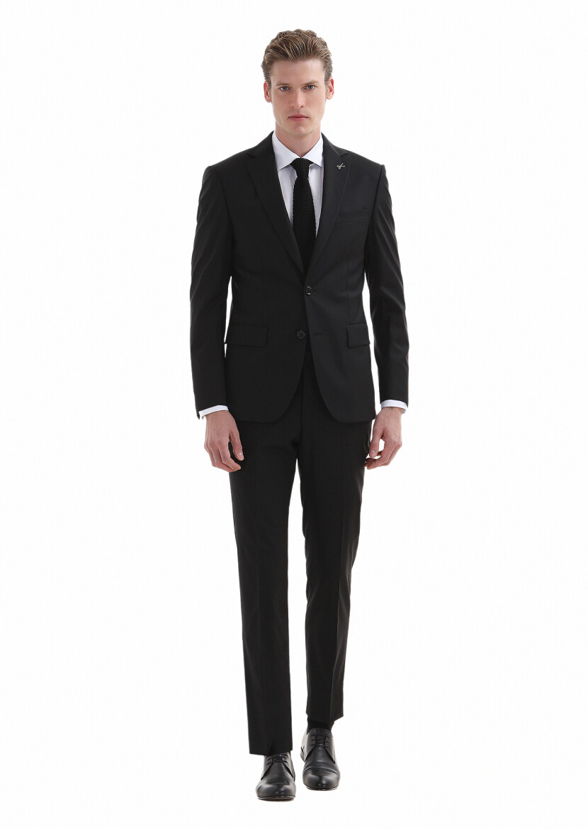 Black Patterned Modern Fit 100% Wool Suit - 1