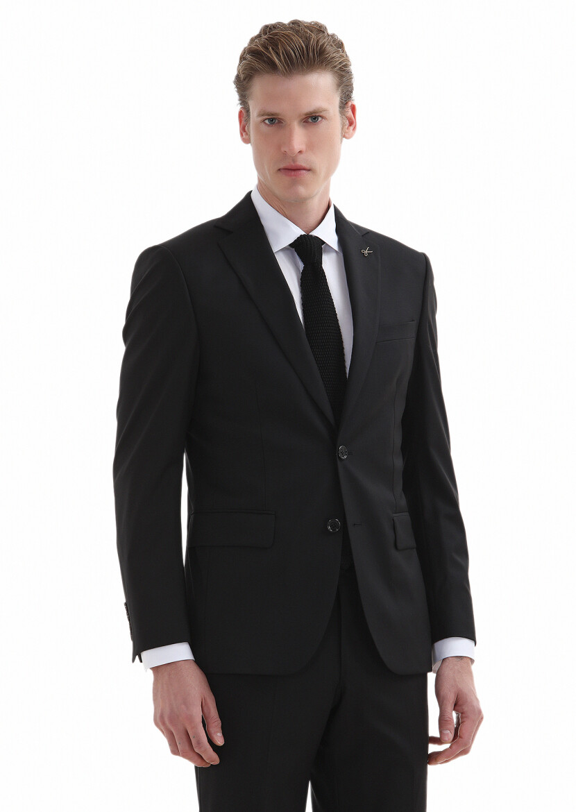 Black Patterned Modern Fit 100% Wool Suit 