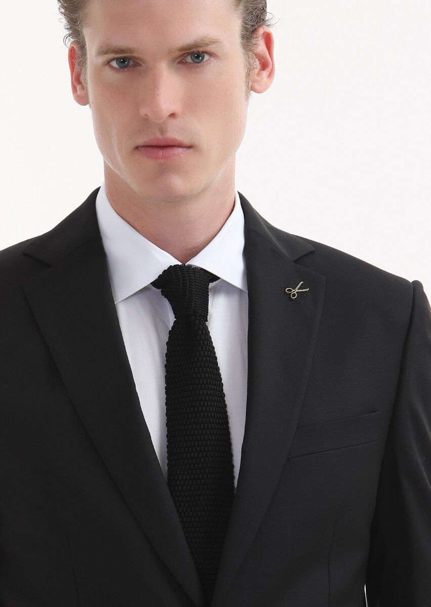 Black Patterned Modern Fit 100% Wool Suit - 3
