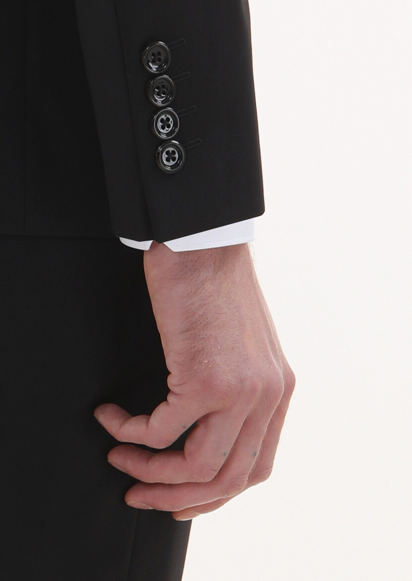 Black Patterned Modern Fit 100% Wool Suit - 4