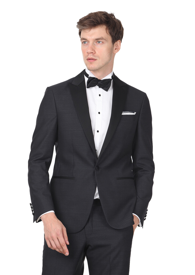 Black Patterned Modern Fit Double Breasted Collar Weaving Tuxedo - 1