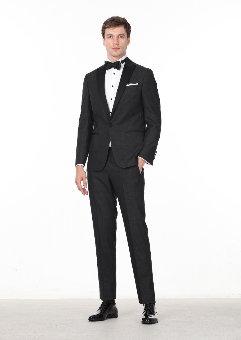 Black Patterned Modern Fit Double Breasted Collar Weaving Tuxedo - 3