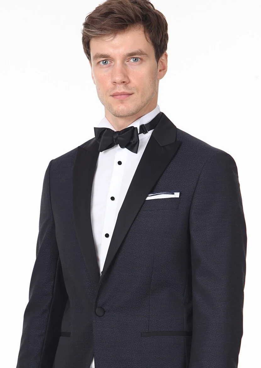 Black Patterned Modern Fit Double Breasted Collar Weaving Tuxedo - 2