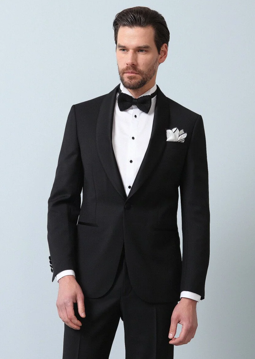 Black Patterned Modern Fit Shawl Collar Weaving Tuxedo - 5