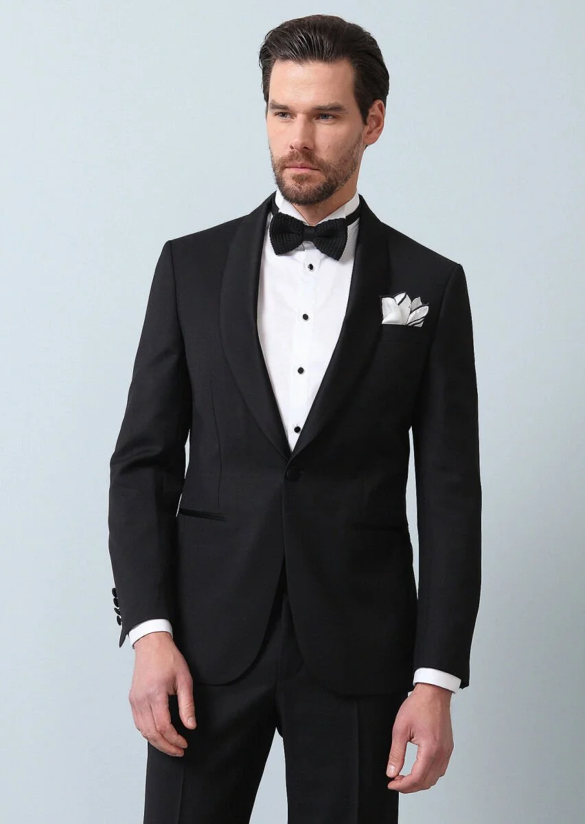 Black Patterned Modern Fit Shawl Collar Weaving Tuxedo - 5