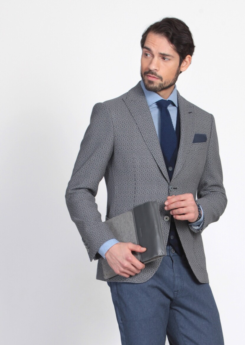 Black Patterned Regular Fit 100% Wool Jacket - 1