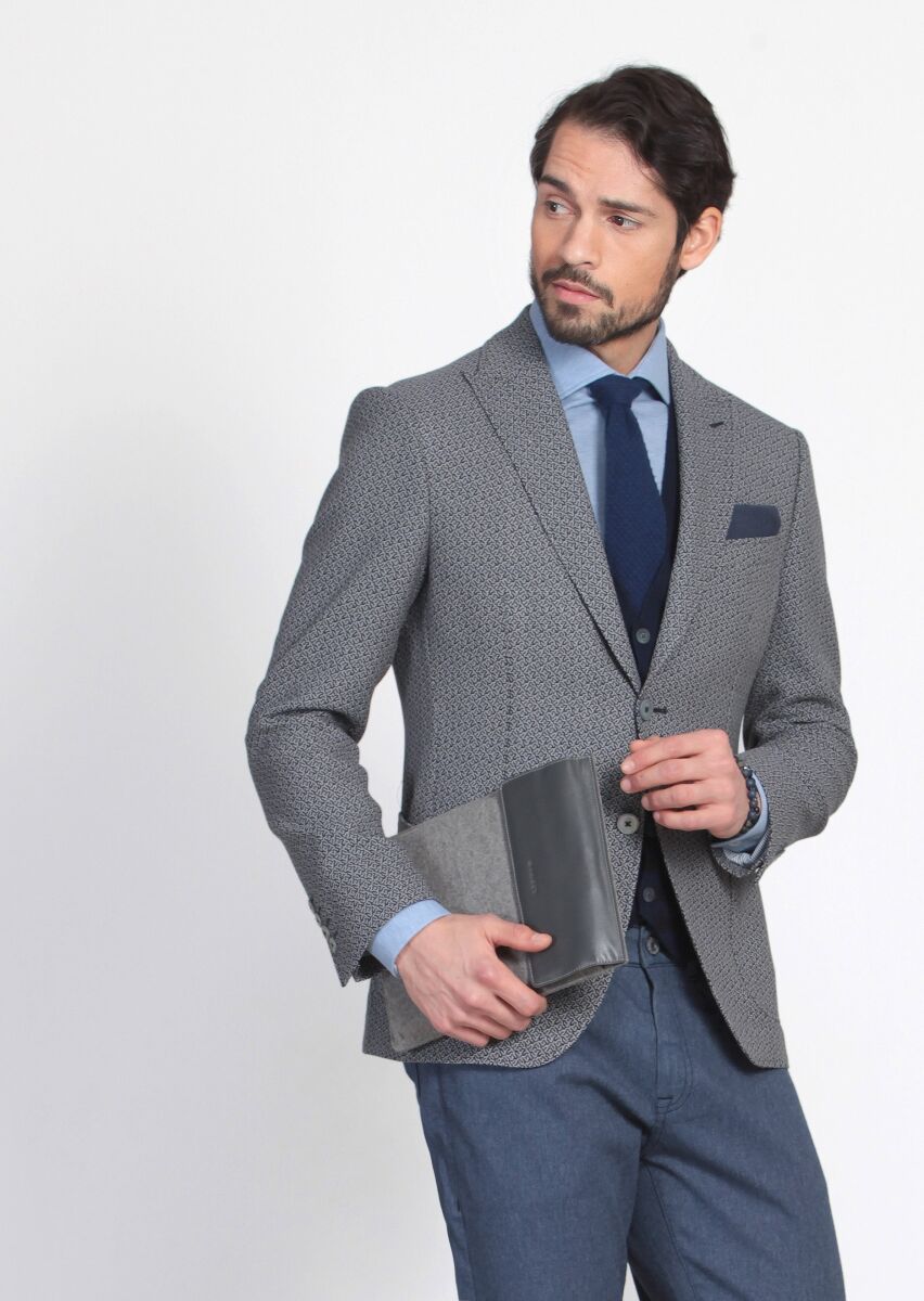 Black Patterned Regular Fit 100% Wool Jacket - 1