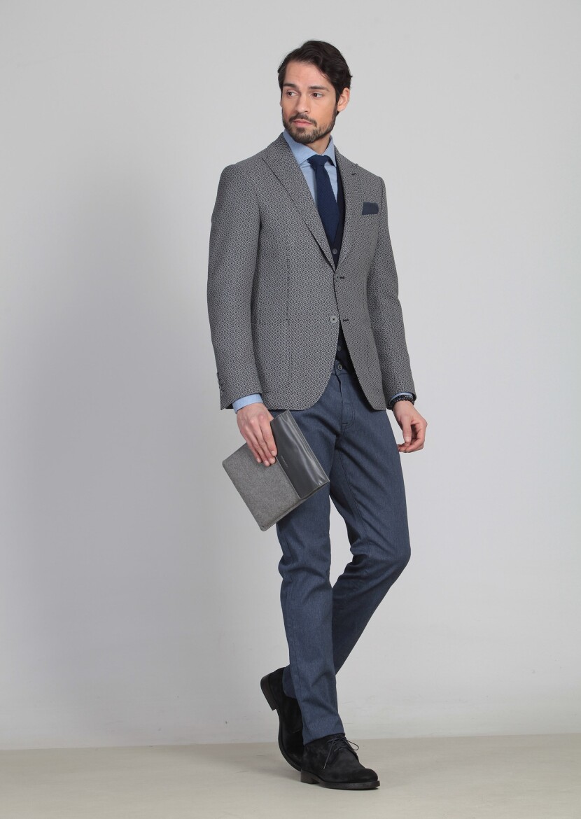 Black Patterned Regular Fit 100% Wool Jacket - 2