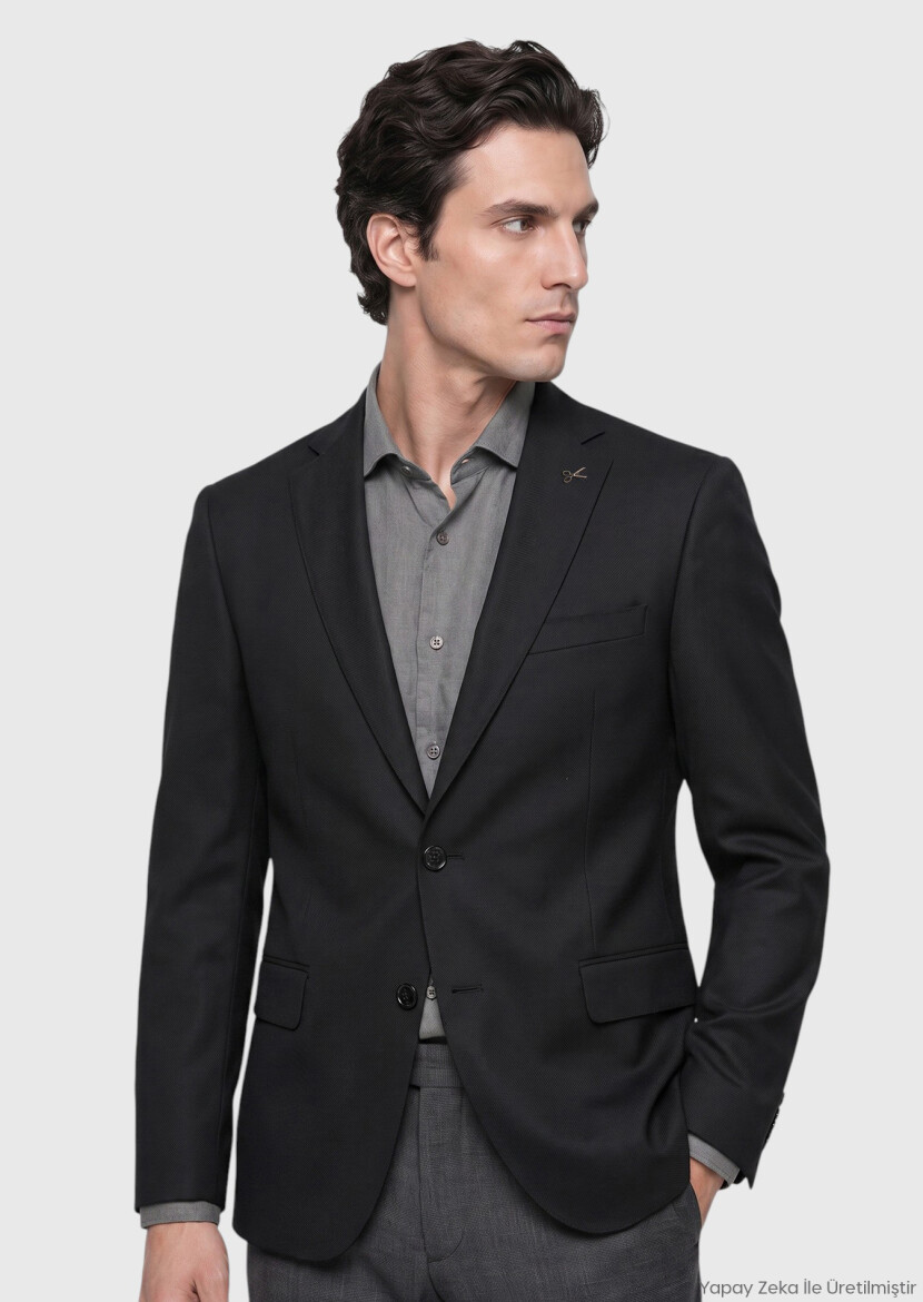 Black Patterned Regular Fit 100% Wool Jacket - RAMSEY