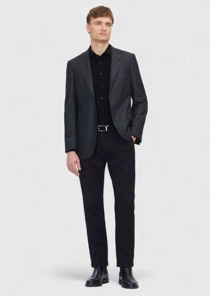 Black Patterned Regular Fit 100% Wool Jacket - 2