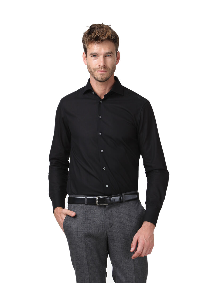 Black Patterned Regular Fit Long Weaving Classical 100% Cotton Shirt - 1