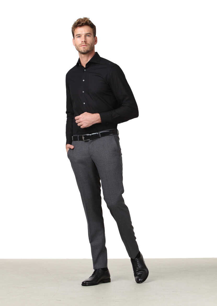 Black Patterned Regular Fit Long Weaving Classical 100% Cotton Shirt - 2