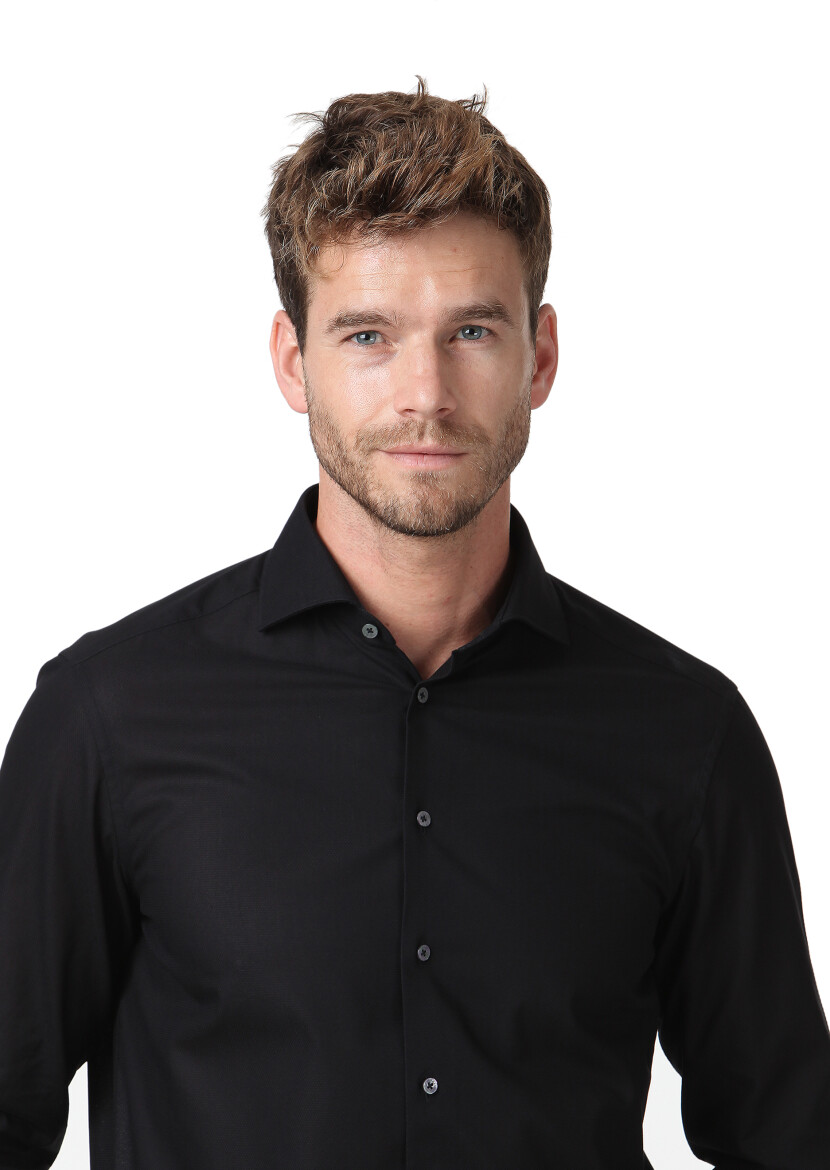 Black Patterned Regular Fit Long Weaving Classical 100% Cotton Shirt - 3