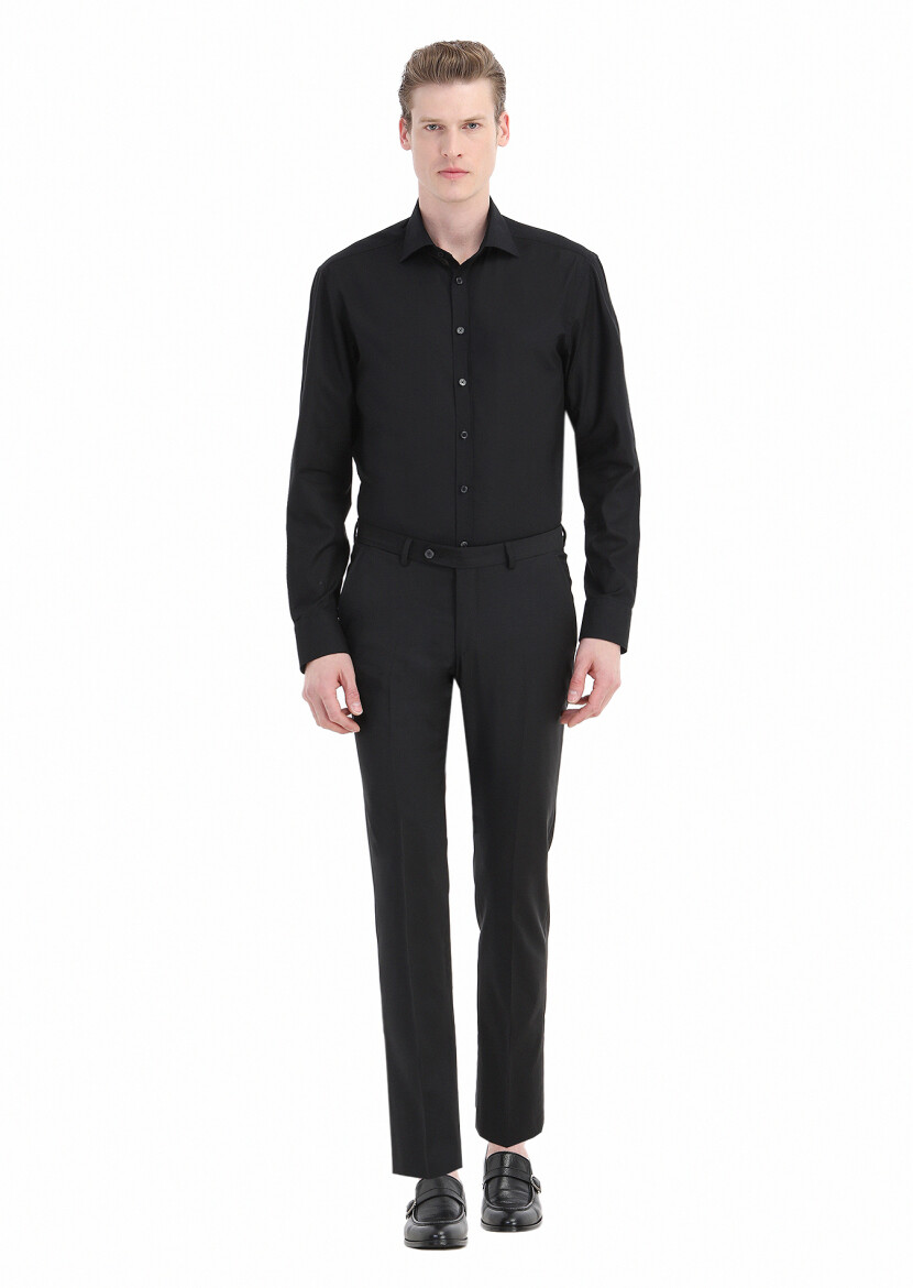 Black Patterned Regular Fit Long Weaving Classical 100% Cotton Shirt - 1