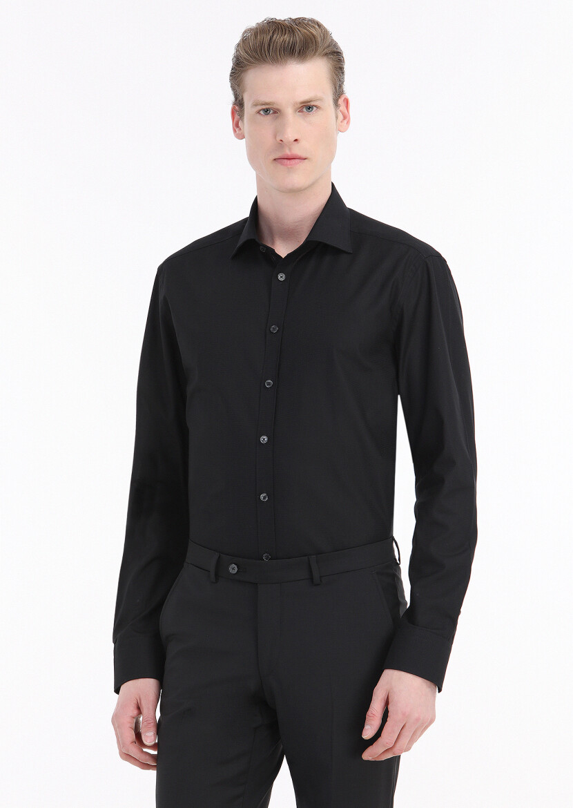 Black Patterned Regular Fit Long Weaving Classical 100% Cotton Shirt - 2