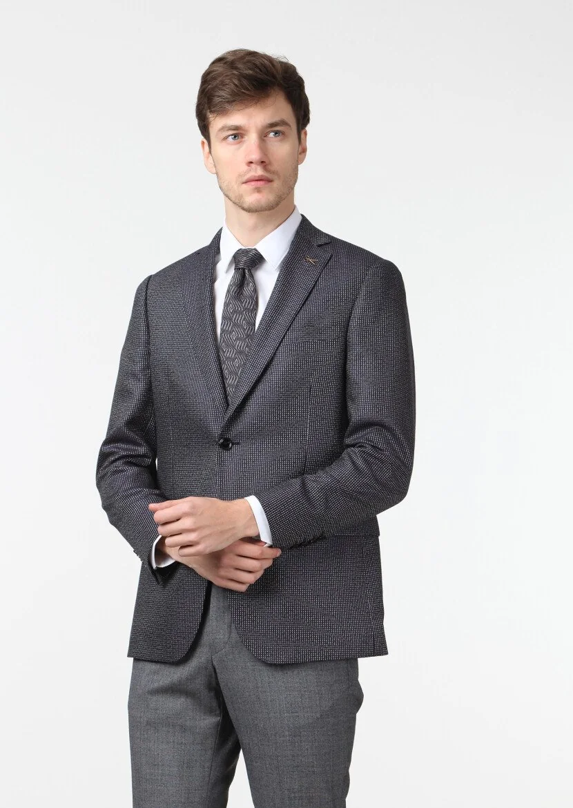 Black Patterned Regular Fit Silk Blended Jacket - 1