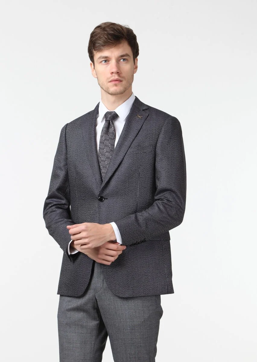 Black Patterned Regular Fit Silk Blended Jacket - 1