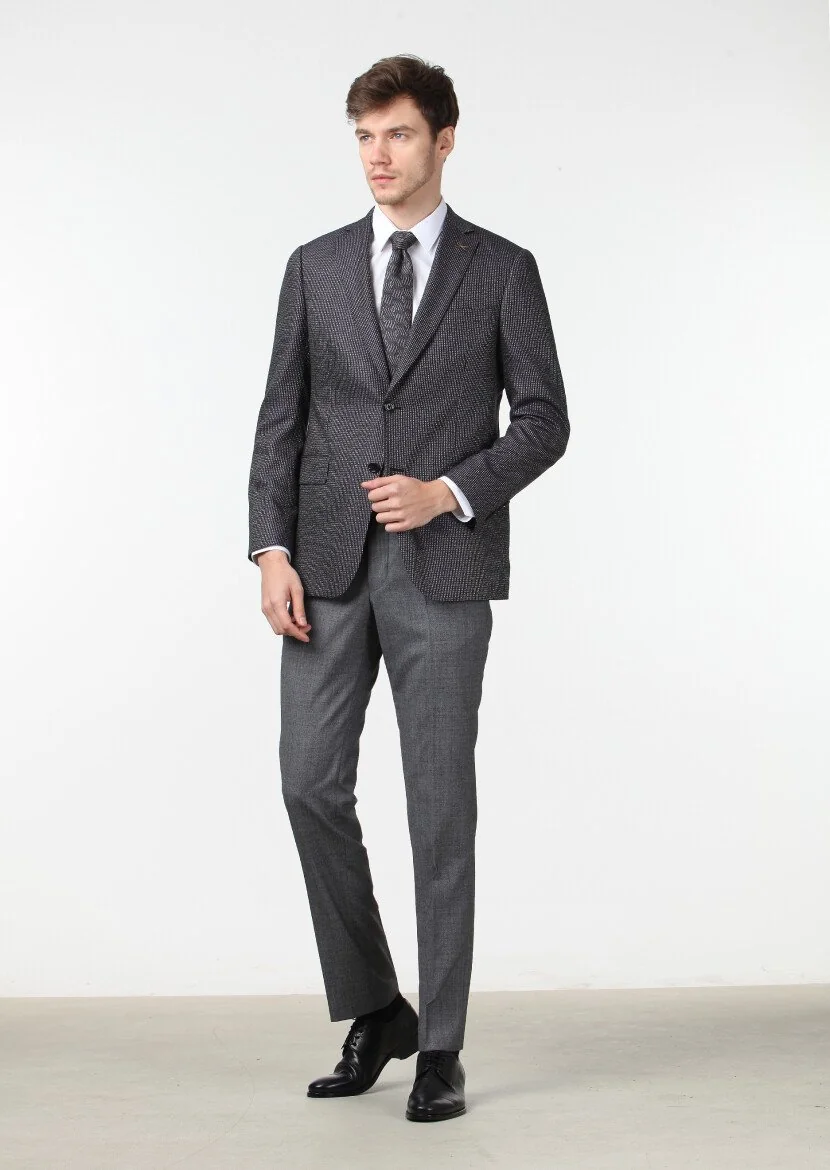 Black Patterned Regular Fit Silk Blended Jacket - 2