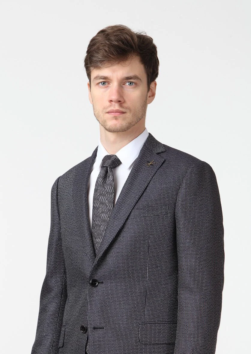 Black Patterned Regular Fit Silk Blended Jacket - 3