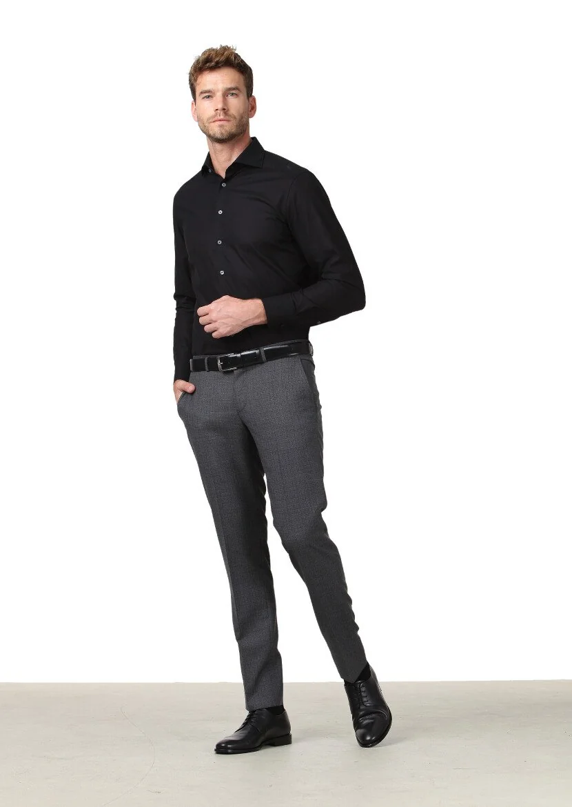 Black Patterned Regular Fit Weaving Classical 100% Cotton Shirt - 2
