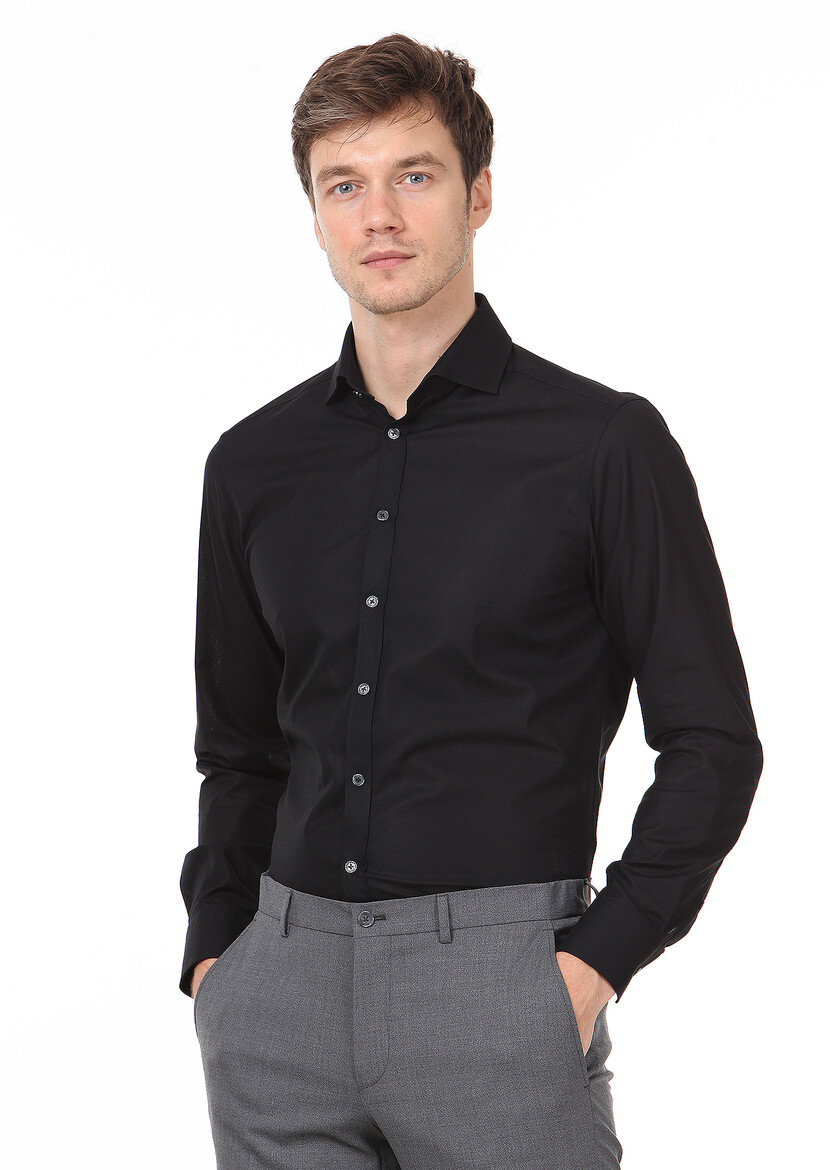 Black Patterned Regular Fit Weaving Classical 100% Cotton Shirt 