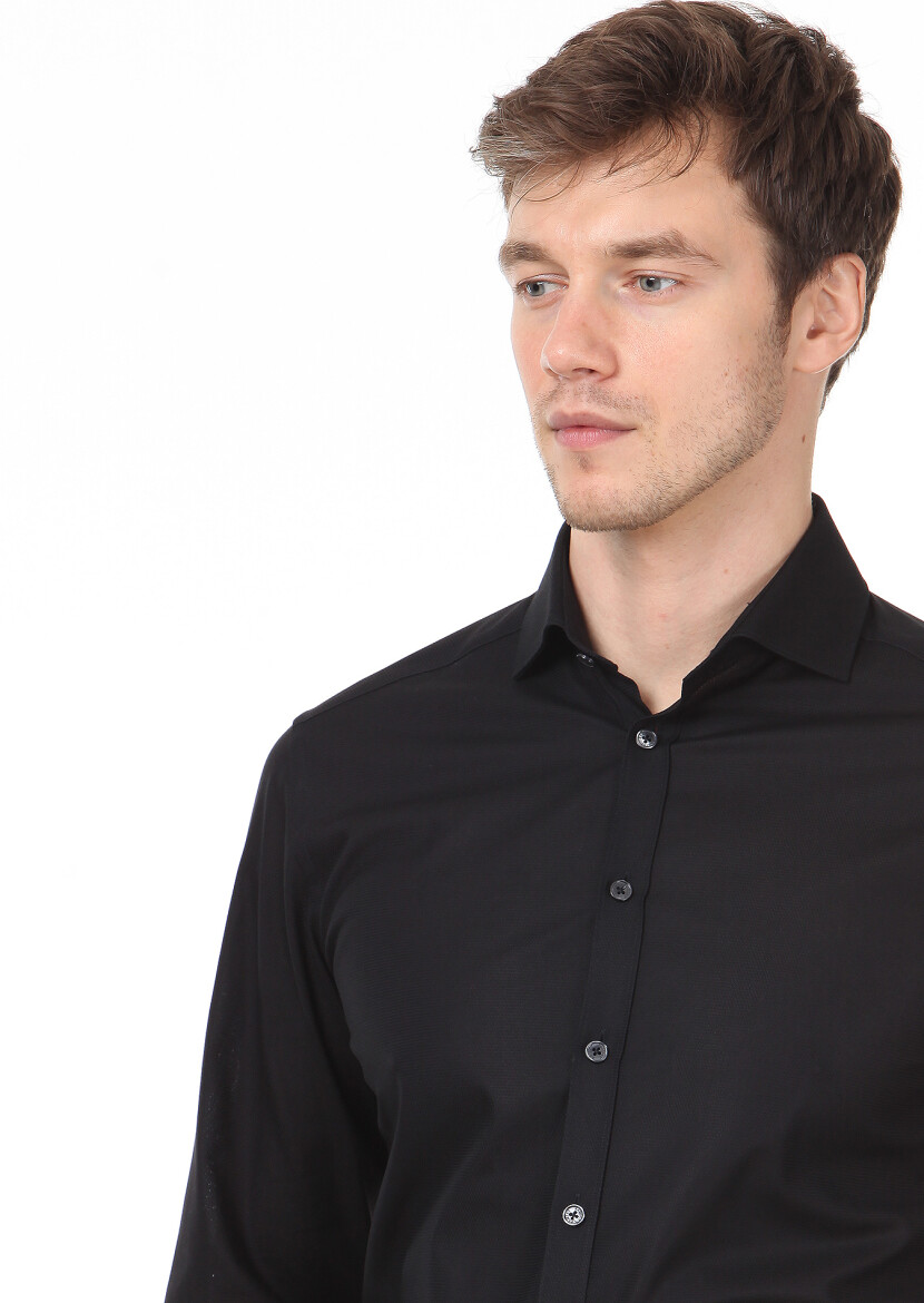 Black Patterned Regular Fit Weaving Classical 100% Cotton Shirt - 2