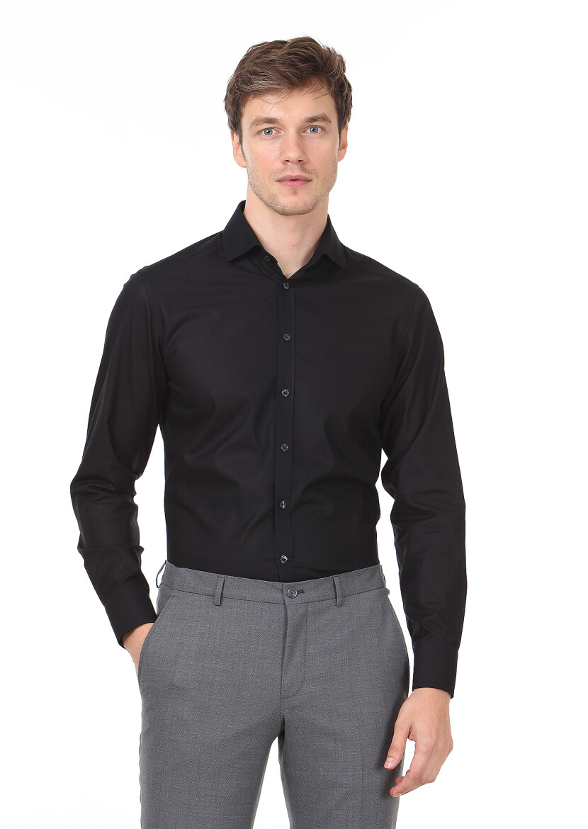 Black Patterned Regular Fit Weaving Classical 100% Cotton Shirt - 3