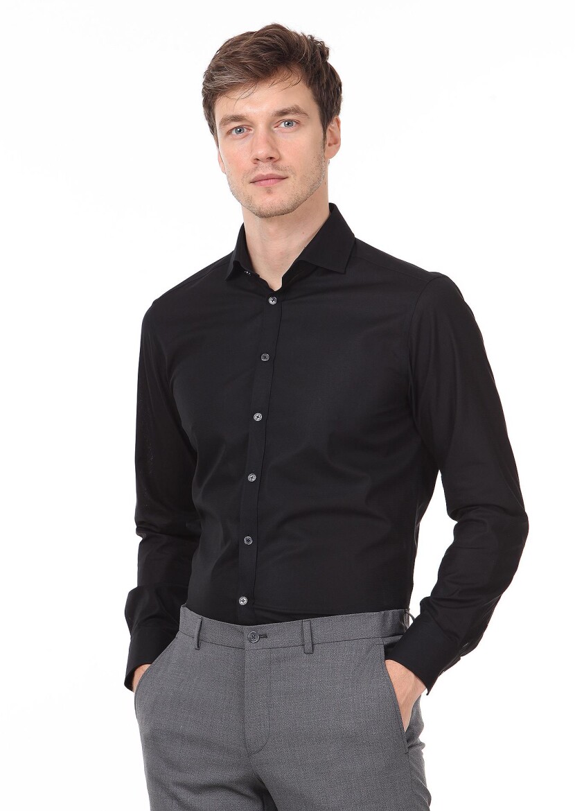 Black Patterned Regular Fit Weaving Classical 100% Cotton Shirt - 2