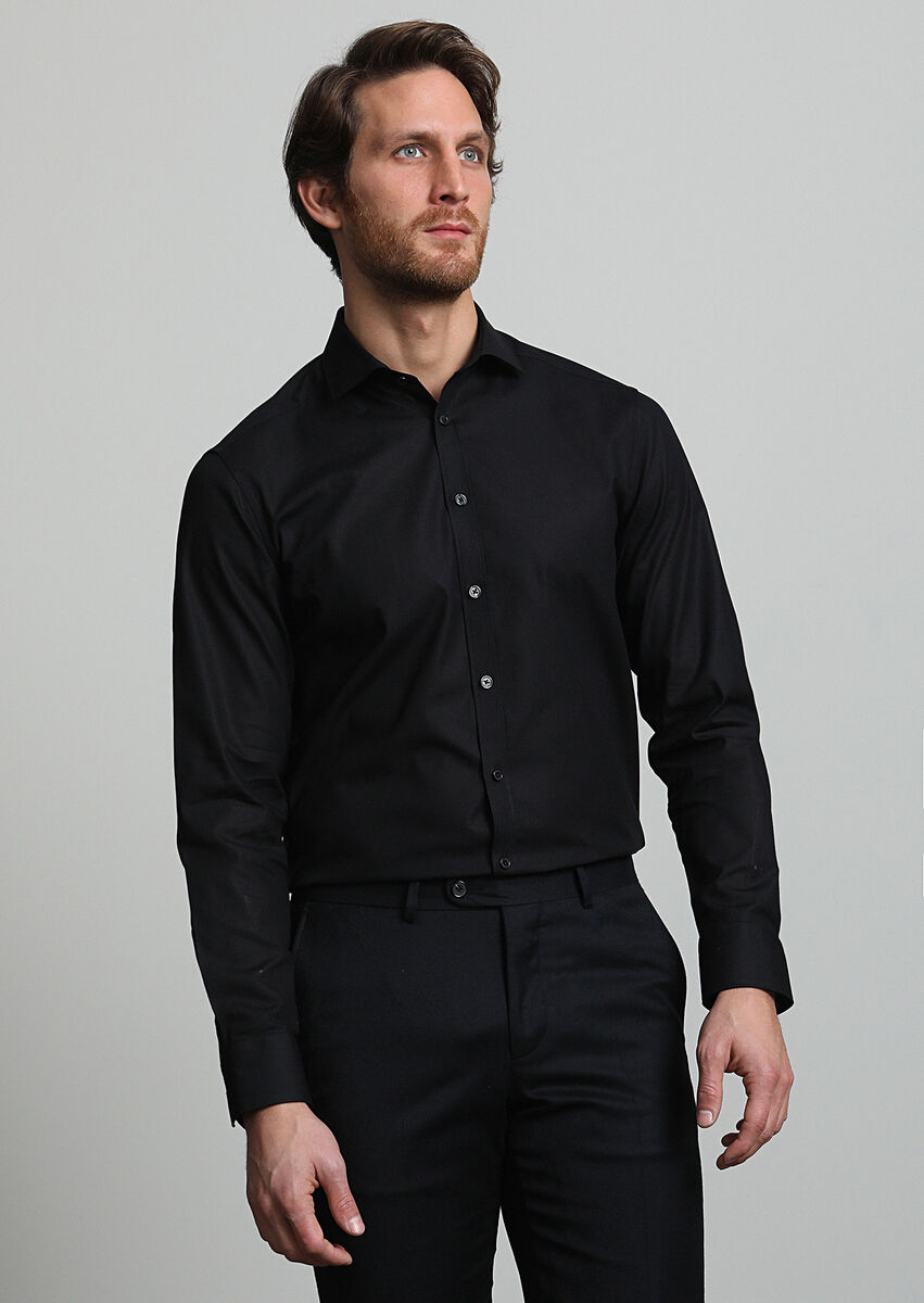 Black Patterned Regular Fit Weaving Classical 100% Cotton Shirt - 2