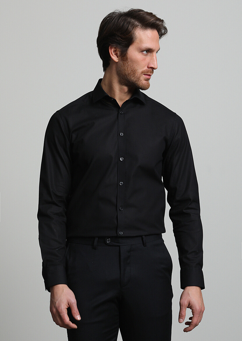 Black Patterned Regular Fit Weaving Classical 100% Cotton Shirt - 3