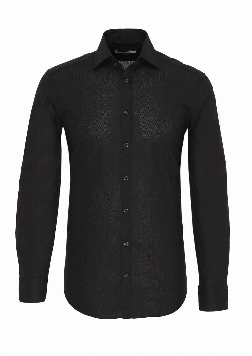 Black Patterned Regular Fit Weaving Classical 100% Cotton Shirt - 1