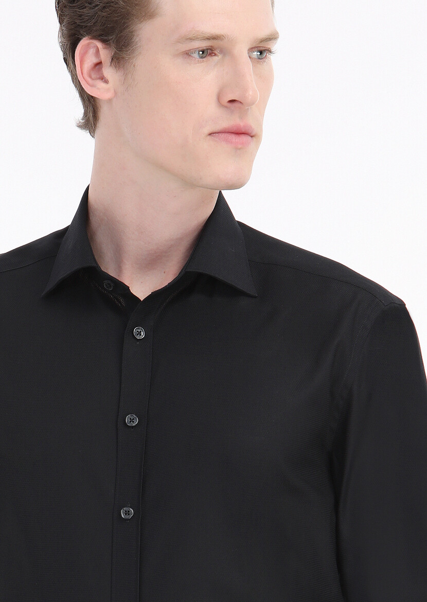 Black Patterned Regular Fit Weaving Classical 100% Cotton Shirt - 3