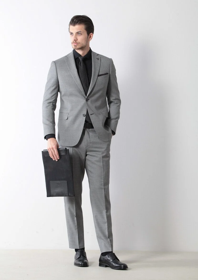 Black Patterned Regular Fit Wool Blended Suit - 1