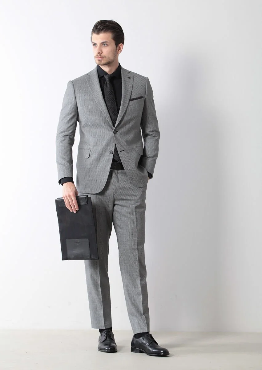 Black Patterned Regular Fit Wool Blended Suit - 1