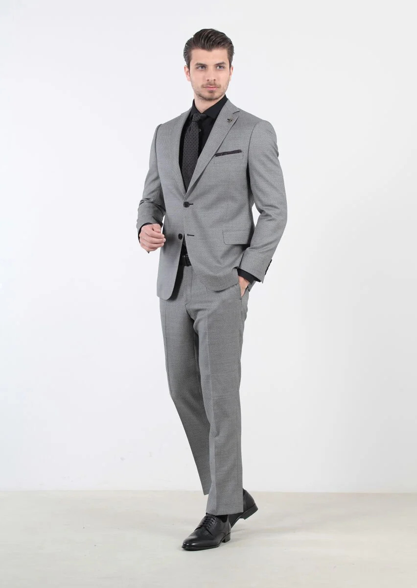 Black Patterned Regular Fit Wool Blended Suit - 2