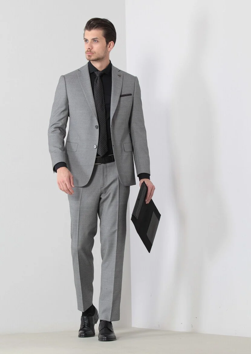 Black Patterned Regular Fit Wool Blended Suit - 3