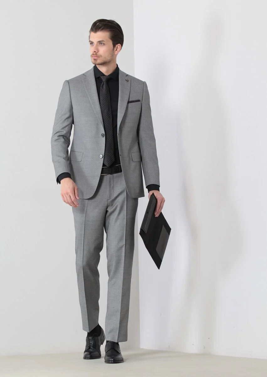 Black Patterned Regular Fit Wool Blended Suit - 3