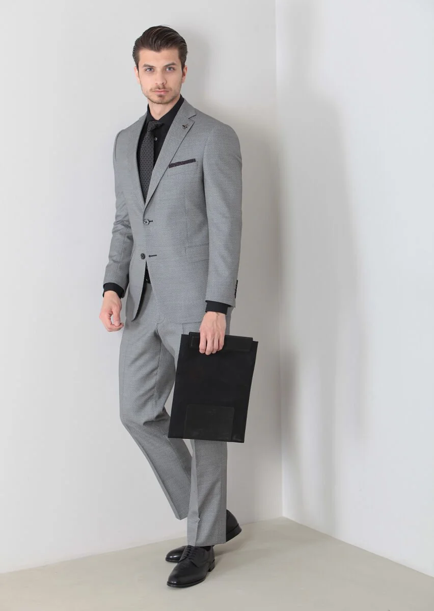 Black Patterned Regular Fit Wool Blended Suit - 4