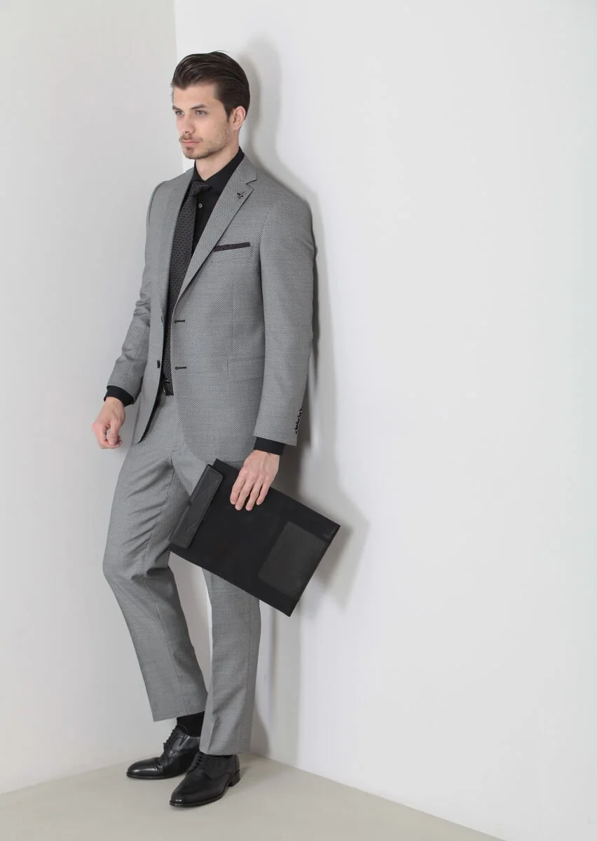 Black Patterned Regular Fit Wool Blended Suit - 5