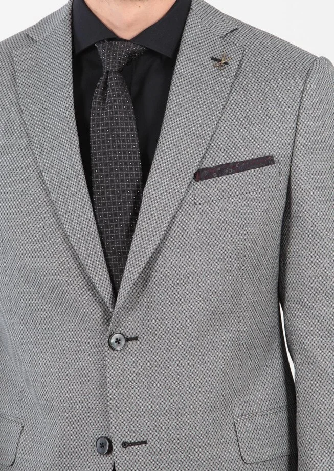 Black Patterned Regular Fit Wool Blended Suit - 6