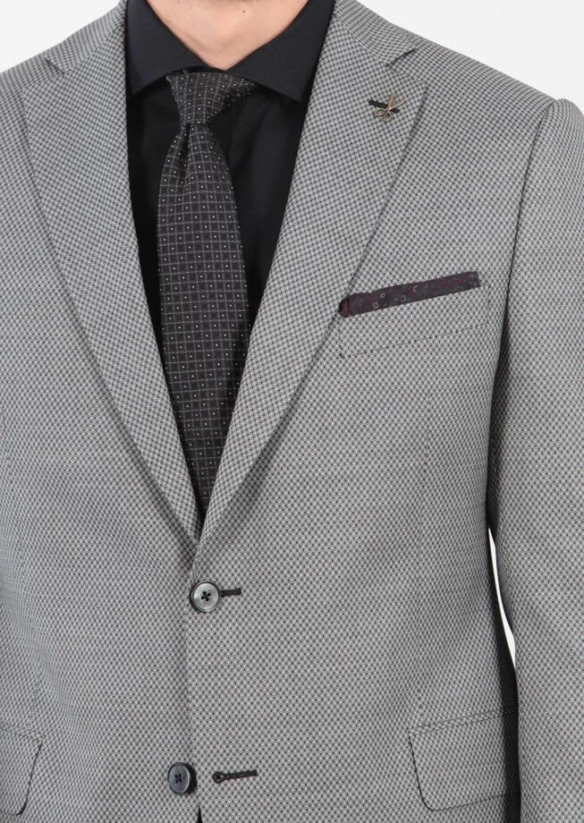 Black Patterned Regular Fit Wool Blended Suit - 6