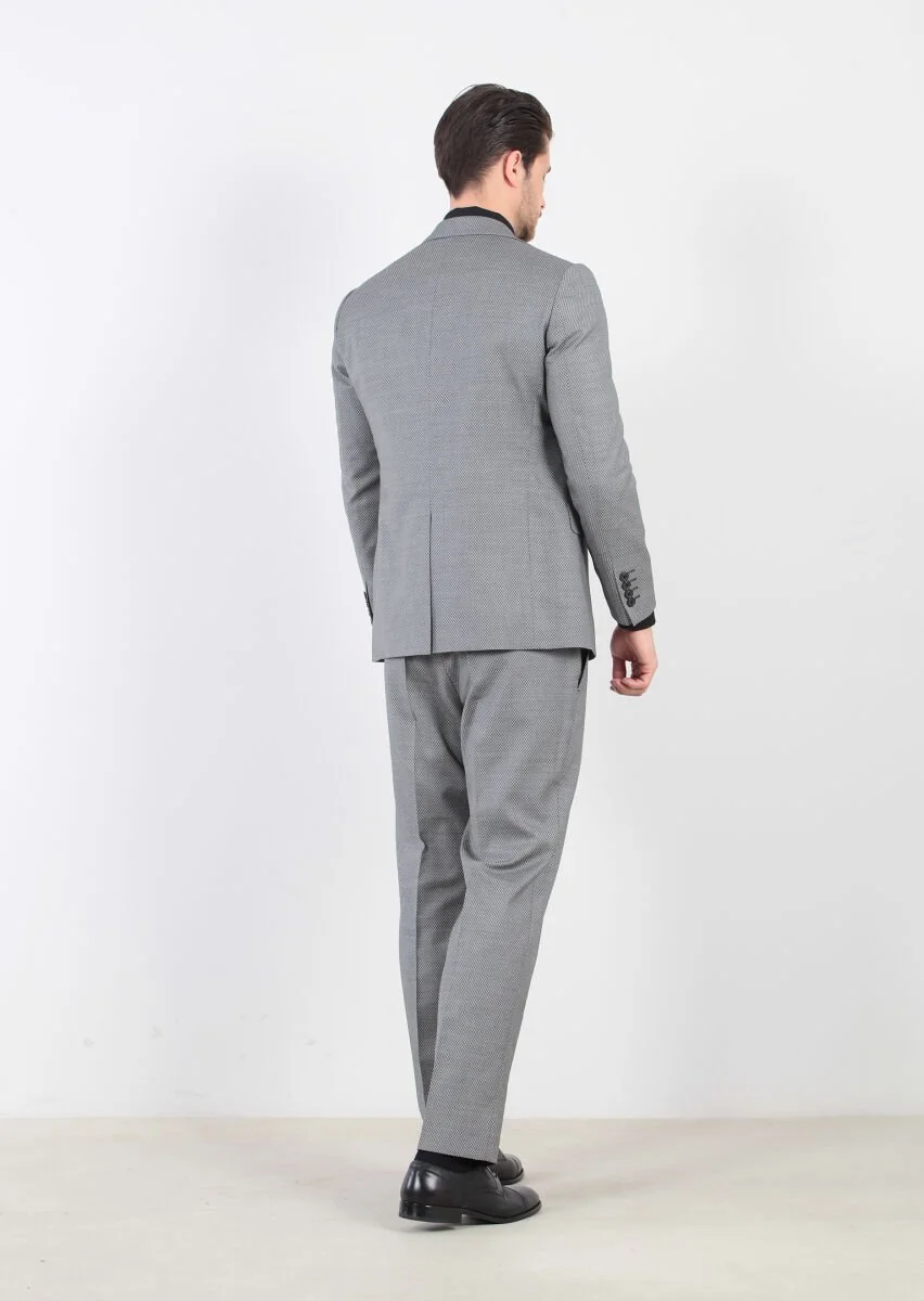 Black Patterned Regular Fit Wool Blended Suit - 7