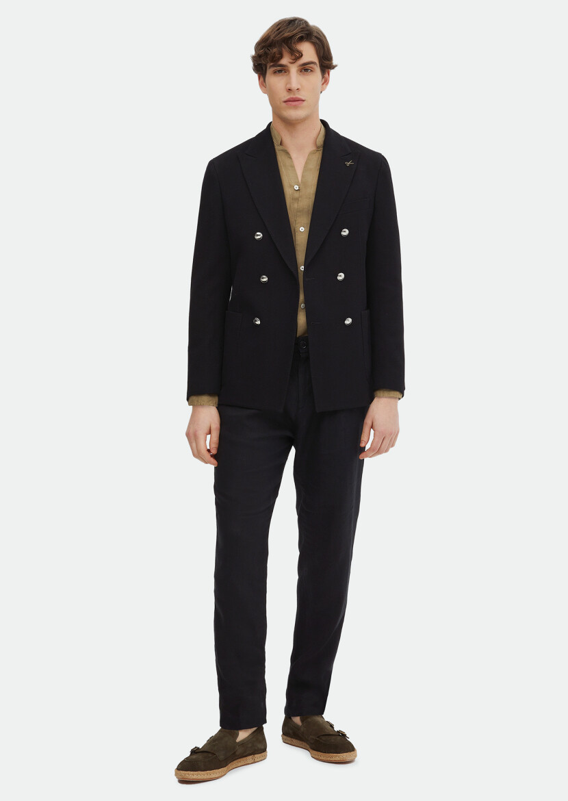 Black Patterned Shirt Shoulder Slim Fit Cotton Blended Jacket 