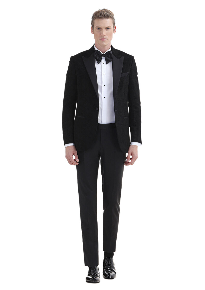 Black Patterned Thin&Taller Slim Fit Double Breasted Collar Weaving Tuxedo - 2